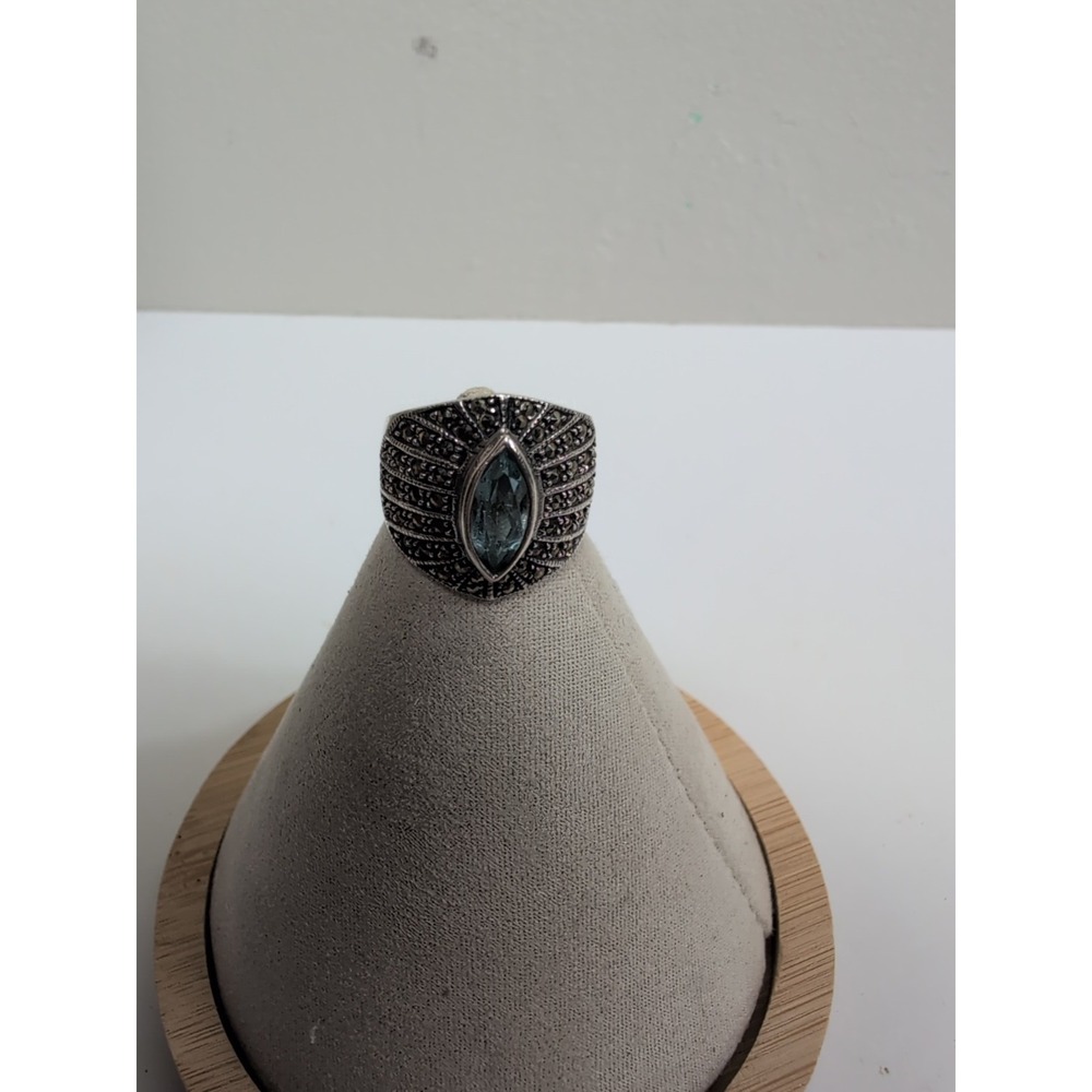 Vintage 925 Marquise Light Blue Topaz And Marcasite Wide Ring Size 8